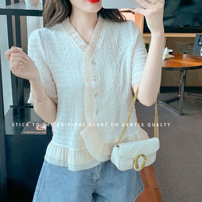 New French style small fragrant style stitching chiffon shirt short-sleeved top