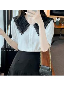  On Sale Embroidered Contrast Doll Collar Shirt