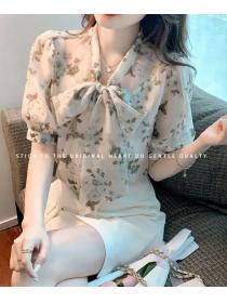 On Sale Printed Bow Tie Floral Chiffon Shirt