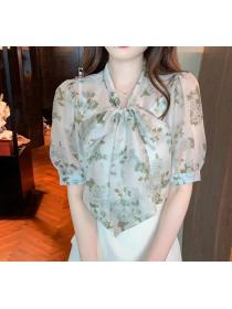 On Sale Printed Bow Tie Floral Chiffon Shirt