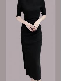 One-shoulder temperament  design sense side pleated slit slim Dress