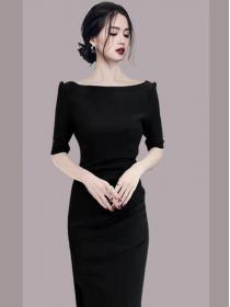 One-shoulder temperament  design sense side pleated slit slim Dress