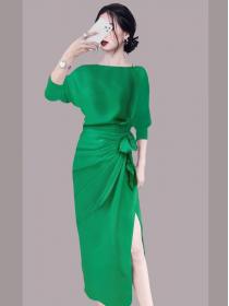 Temperament French square neck puff sleeves waist slim mid-length dress