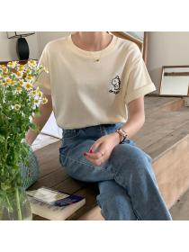 Outlet 100% Cotton short-sleeved T-shirt Women summer new round neck loose embroidery top
