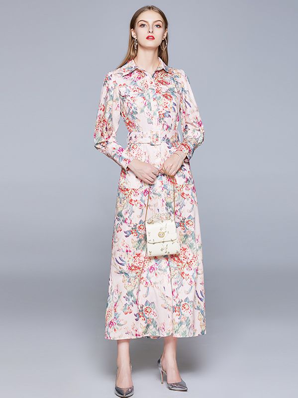 Floral-print high-waisted puff-sleeve lace-up slim-fit maxi dress