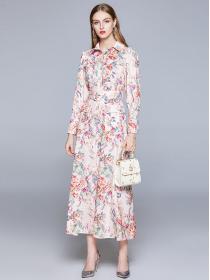 Floral-print high-waisted puff-sleeve lace-up slim-fit maxi dress 