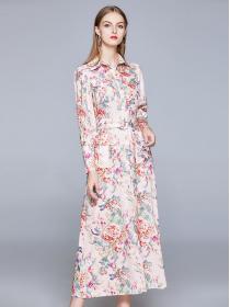 Floral-print high-waisted puff-sleeve lace-up slim-fit maxi dress 