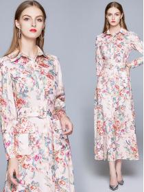 Lapel Print Pattern Fashionable Long Dress