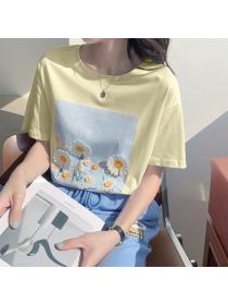 Outlet Summer new cotton loose 3D flower embroidery top