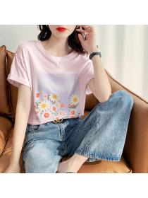 Outlet Summer new cotton loose 3D flower embroidery top