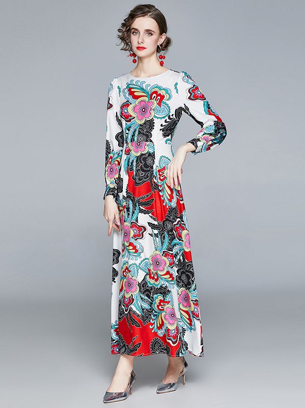On Sale Show Waist Printing Maxi Dress