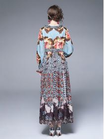 Lace V-neck waist-length long skirt retro print dress