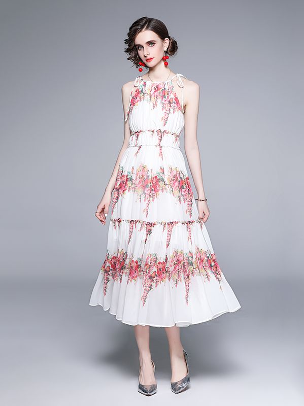 Lace V-neck waist-length long skirt retro print dress