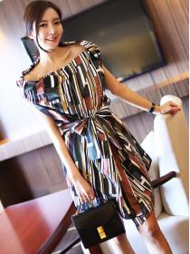Korean Style Lace Up Printing Show Waist Dress