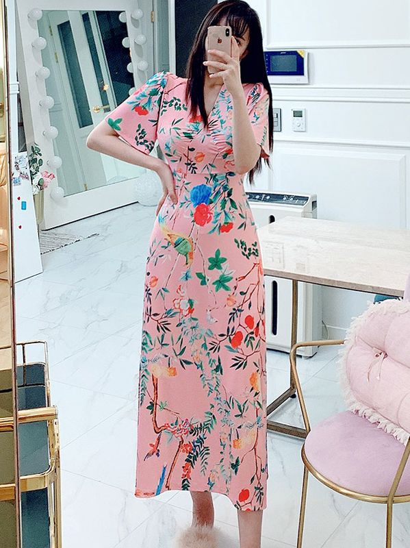 Korean style temperament V-neck slim dress fashion print slit dress