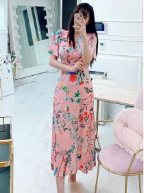 Korean style temperament V-neck slim dress fashion print slit dress