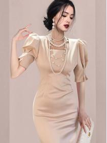 Korean style temperament square collar slim mid-length hip-pack professional fashion dress