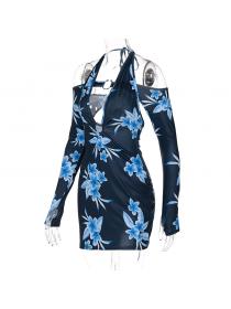 Outlet hot style Summer new lace-up halterneck backless long-sleeved floral print sling dress