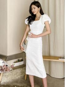 Korean style temperament square neck slim mid-length puff sleeve hip fashion dress
