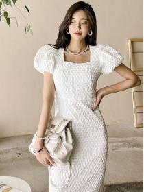 Korean style temperament square neck slim mid-length puff sleeve hip fashion dress