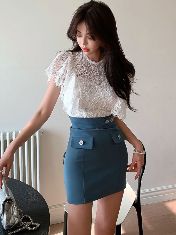 Korean Style  temperament slim lace top fashion sexy hip skirt suit