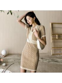 Korean Style Slim Fit V-Neck Patchwork Jacquard Knitted Hip Fashion Dress