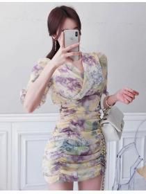 Korean Style  the temperament V-neck slim Floral pleated hip fashion dress
