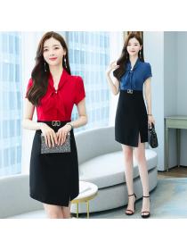 【M-4XL】Women's new short-sleeved temperament Fake two pieces dress