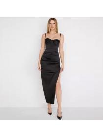 Outlet hot style pleated slit long dress European fashion party dress sexy dress 
