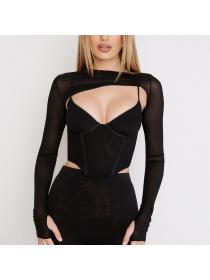 Outlet hot style European fashioN sexy mesh hollow pleated long-sleeved short T-shirt Crop top 