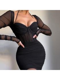 Outlet hot style Sexy mesh see-through fishbone pleated backless d ress summer Bodycon dress