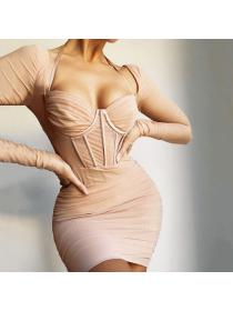 Outlet hot style Sexy mesh see-through fishbone pleated backless d ress summer Bodycon dress 