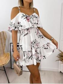 Outlet Summer Floral print V-Neck Off-Shoulder Sling Dress