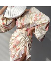 French print niche  design sense lantern sleeves irregular fishtail hip Dress