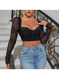 Outlet hot style European fashion mesh long-sleeved square neck sexy Breasted Crop top