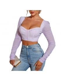 Outlet hot style European fashion mesh long-sleeved square neck sexy Breasted Crop top