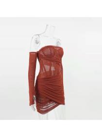 Outlet Hot style European fashion women's off shoulder irregular long-sleeved Mesh sleevelet dress