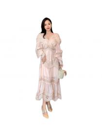 Outlet Lace Hollow Embroidered Pink V-Neck Temperament Princess Dress