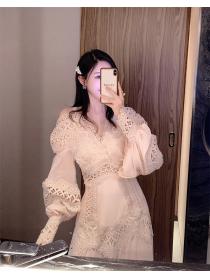 Outlet Lace Hollow Embroidered Pink V-Neck Temperament Princess Dress