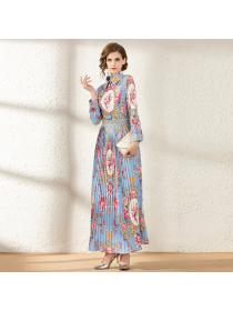 Outlet Women's fashion Polo neck Colorful print slim pleated Maxi dress