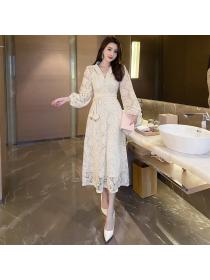 Outlet Embroidered Hollow Lace Lantern Sleeve Slim Long Vacation Dress