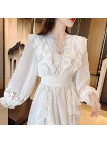 Outlet Fashion Temperament White high waist lace V-neck chiffon dress