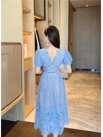 Outlet Vinatage style lace V-neck Slim-waist fashion temperament short-sleeved dress