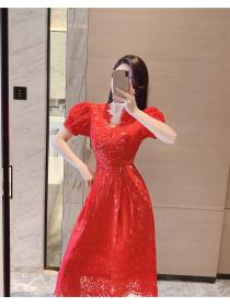 Outlet Vinatage style lace V-neck Slim-waist fashion temperament short-sleeved dress