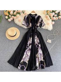 Outlet Fashion style Puff Sleeves Elegant Lace-Up Bow Colorful Print Maxi Dress