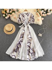Outlet Fashion style Puff Sleeves Elegant Lace-Up Bow Colorful Print Maxi Dress