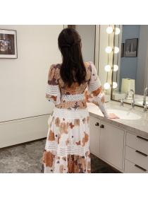 Fashion new Long-sleeved belted dress with floral print