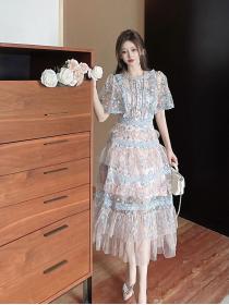 Summer new French fashion style floral cake dress Maxi dress