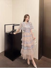 Summer new French fashion style floral cake dress Maxi dress