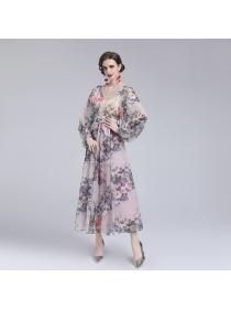 European fashion New style V-neck lace lantern sleeve Slim-waist print dress